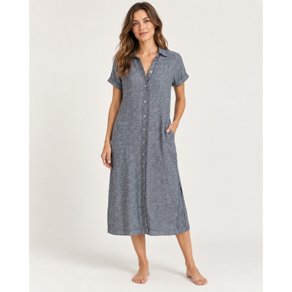 C&C California 100% Linen Shirt Dress XS Gray Button Front Midi Maxi Coastal